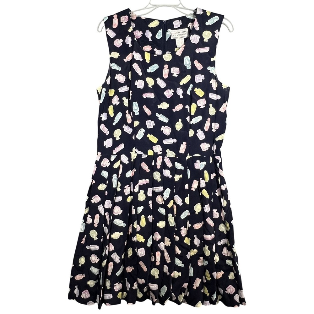 E.D. Michaels Navy Perfume Bottle Print Sleeveless Pleated Dress Women's Size M